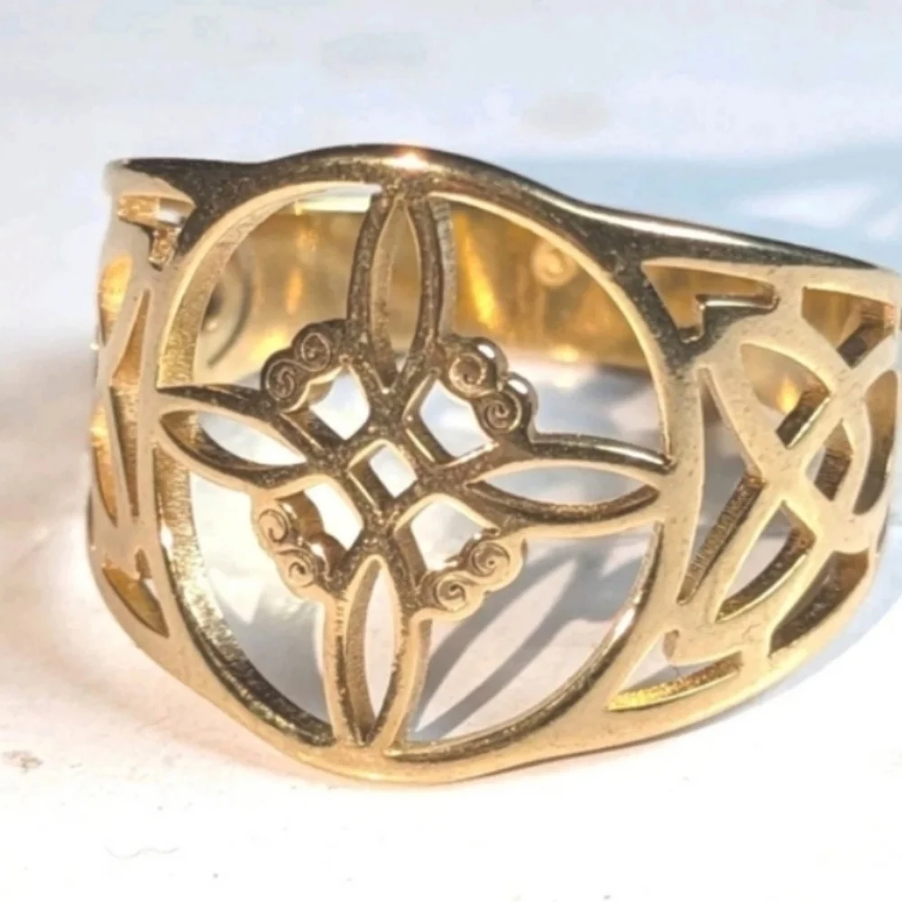 Witch Knot Golden Stainless Steel Ring For Women Wiccan Cross Celtic Knot Sz 8